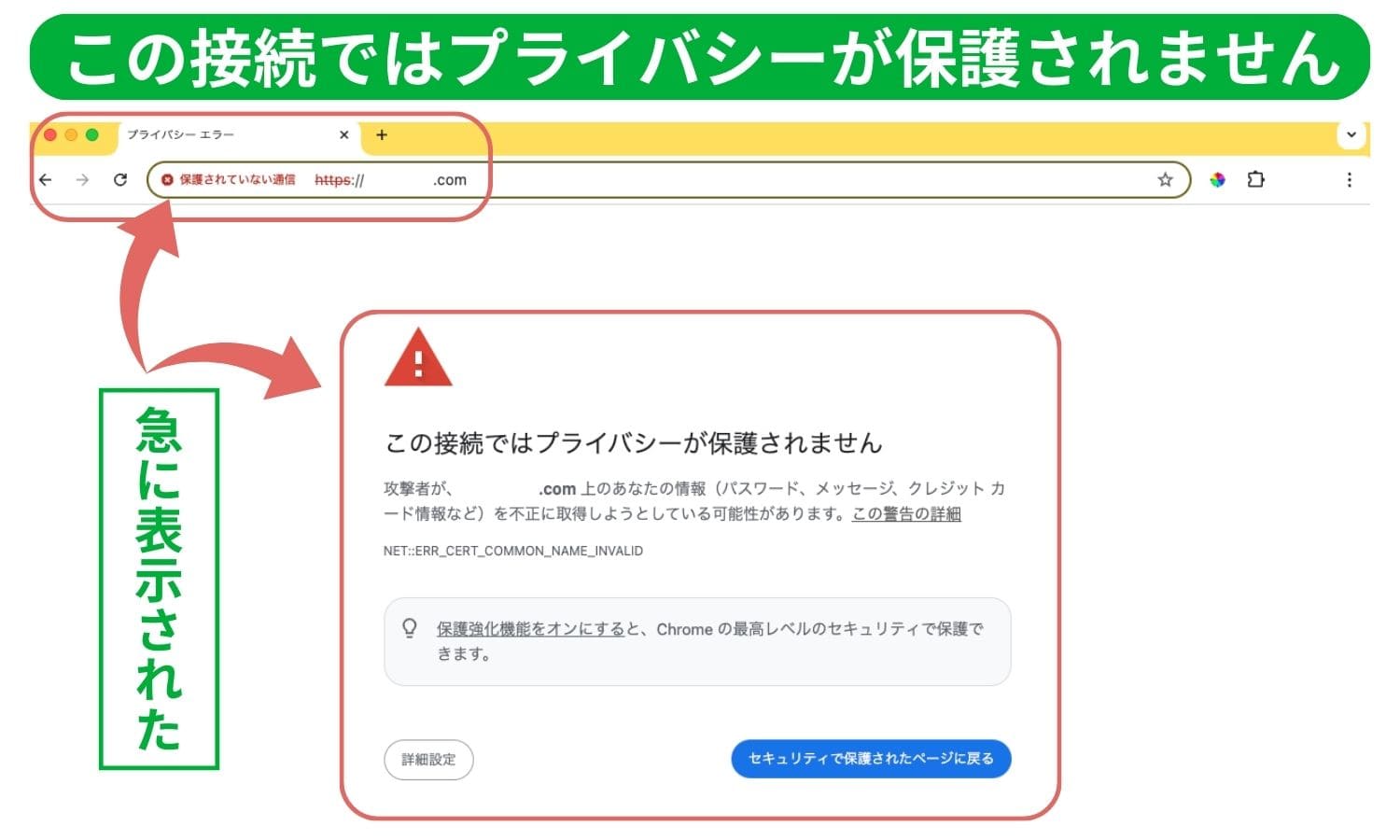 Chromeブラウザの警告ページで「この接続ではプライバシーが保護されません」と表示されているスクリーンショット。攻撃者が機密情報を盗む可能性があると説明があり、エラーコード「NET::ERR_CERT_COMMON_NAME_INVALID」が表示。「急に表示された」という説明書きあり。