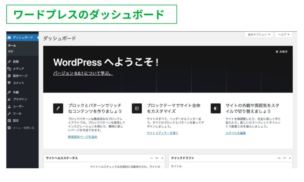 ワードプレスの管理画面（ダッシュボード）の説明画像