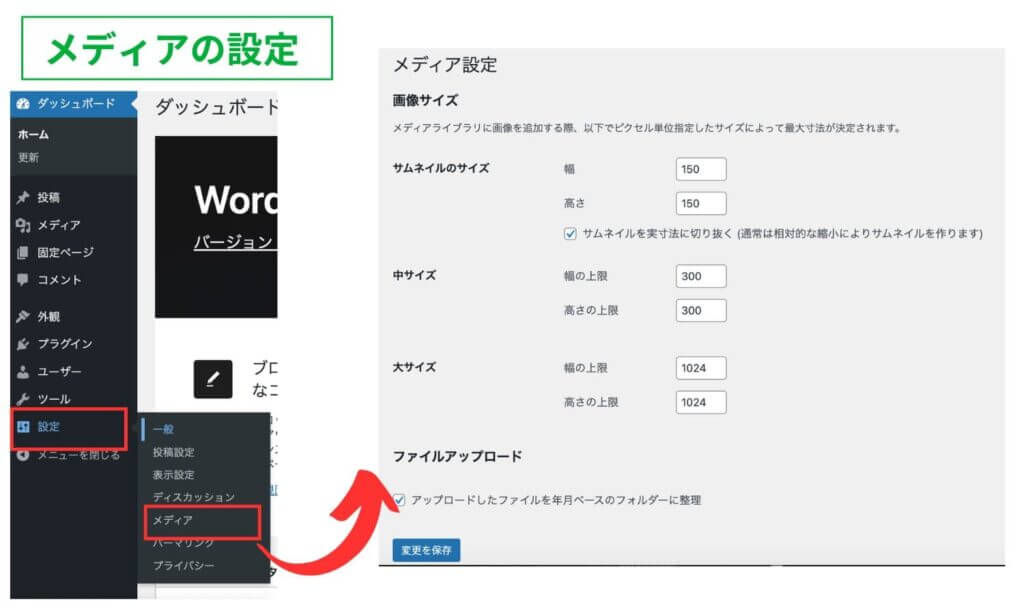 ワードプレスの「メディア」の設定画面